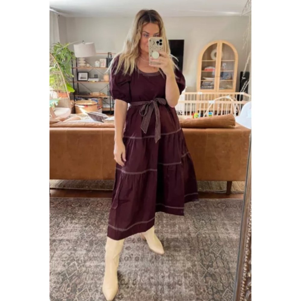 Foxy Lady Dark Brown Belted Puff Sleeve Midi Dress